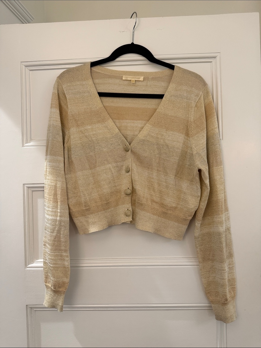 LoveShackFancy Light Beige Striped Cropped V-Neck Button Cardigan Sweater Glitte